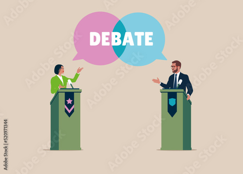 Debate before vote. Male and woman of political parties conducting discussion on public debates. Politicians talk, meeting and discuss problems. Election campaign.