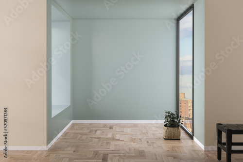 Room with green and beige walls, wooden floor with plant. Bright room interior mockup. Empty room for mockup. 3d rendering  © leymandesign