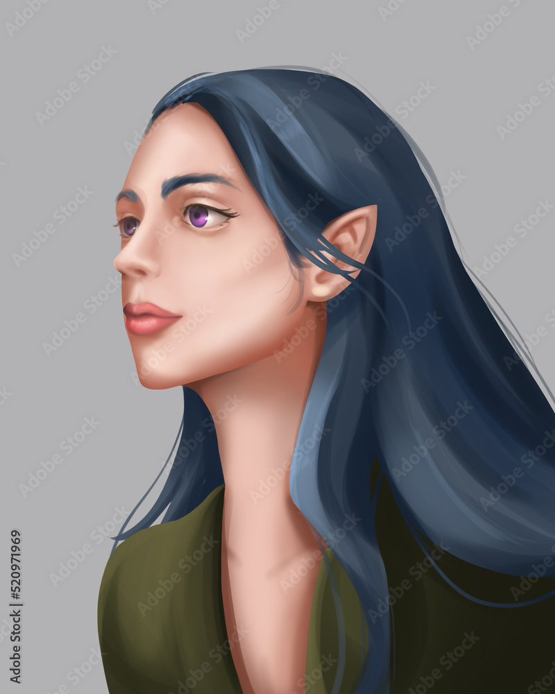 A Beautiful Girl Elf with Long Black Hair. Her Eyes are Purple. Concept ...