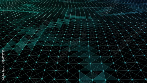 Abstract 3d wire grid wave video, green and blue gradient with slow flowing particles, dynamic motion, triangular plexus geometry accent, polgonal surface, cyberspace backdrop, futuristic, movement