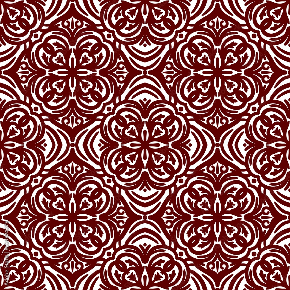 Fototapeta premium Retro geometric pattern in repeat. Fabric print. Damask style Seamless pattern background, mosaic ornament, vintage style. Design for prints on fabrics