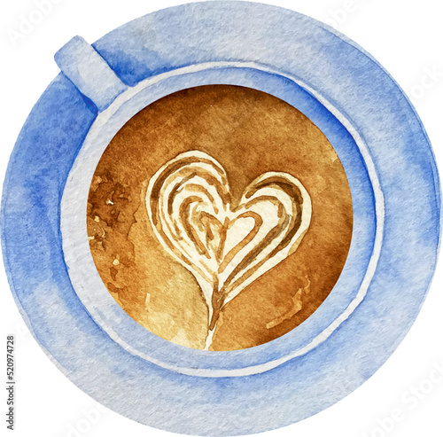 Watercolor cup of coffee with heart pattern in a blue cup top vi