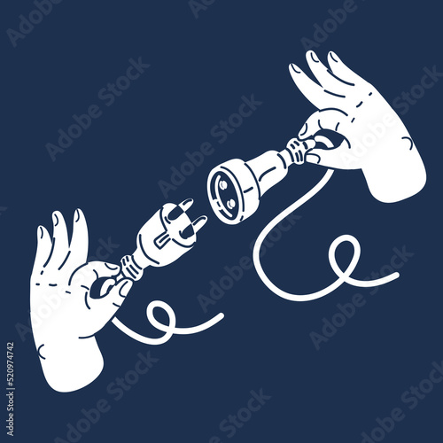 Cartoon vector illustration of hands are conecting two electricity plug together. Business partnership, teamwork collaboration or work meeting and discussion to get solution concept photo
