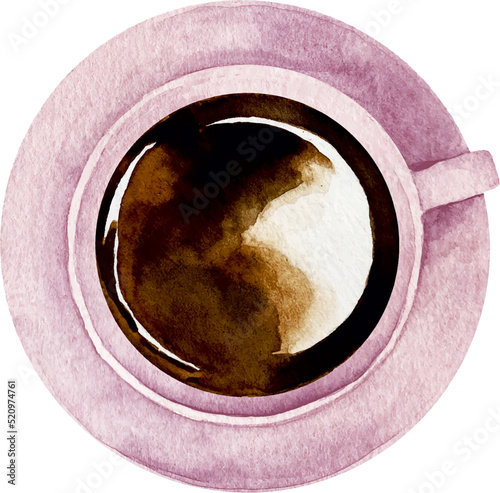 Watercolor black coffee in a pink cup in saucer top view isolate
