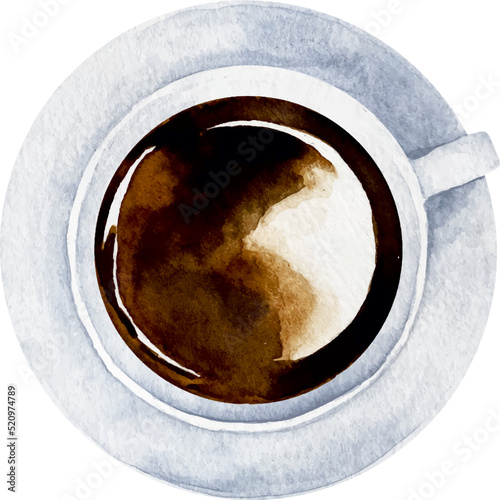 Watercolor black coffee in a white cup in saucer top view isolated on white background