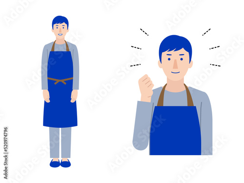 エプロンを着けた男性スタッフ 全身と上半身のイラスト1