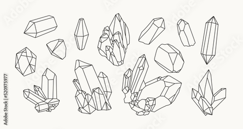 Various crystals and gemstones of different sizes and shapes. Vector hand drawn outline illustration. All elements are isolated.