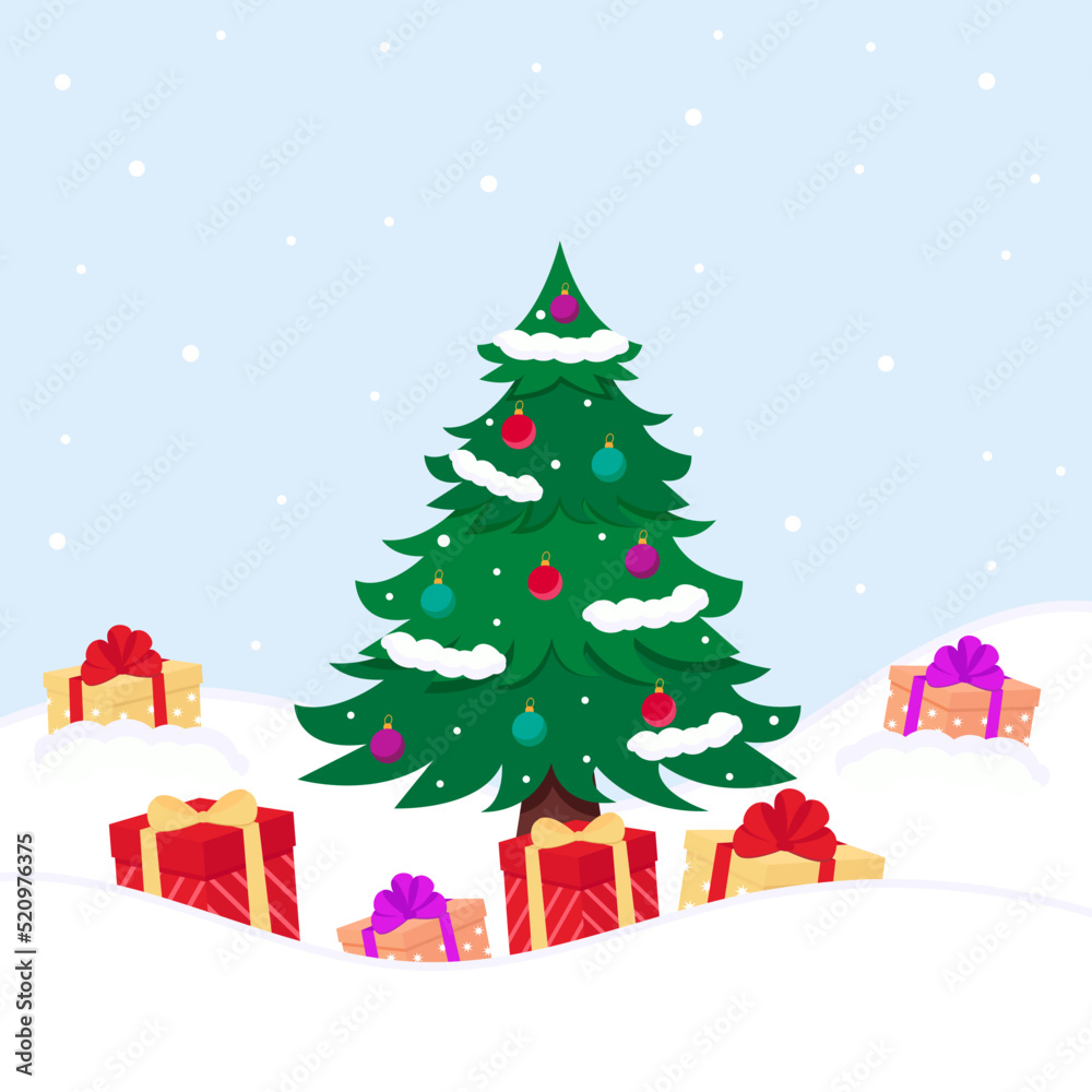 Obraz premium Christmas tree with gifts in the snow. Vector illustration