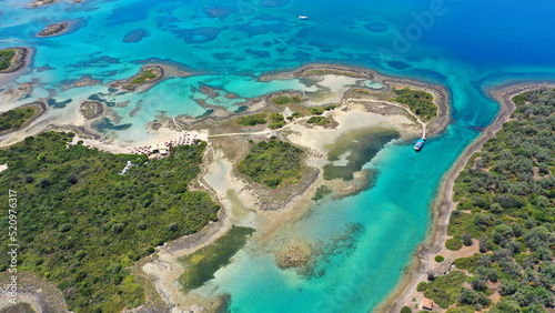 Aerial drone photo of tropical exotic island complex forming a blue lagoon with crystal clear turquoise sandy beaches
