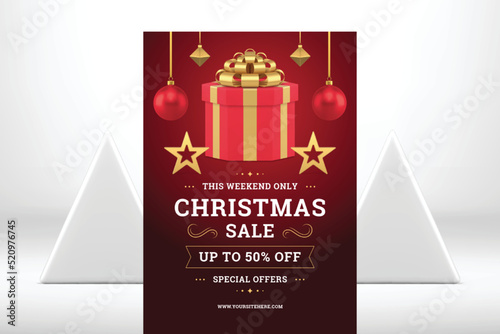 Christmas sale red flyer template wrapped gift box with hanged ball bauble realistic 3d icon vector