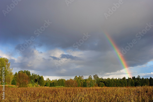 Rainbow over the rural landscape, dramatic sky and clouds, Finland.