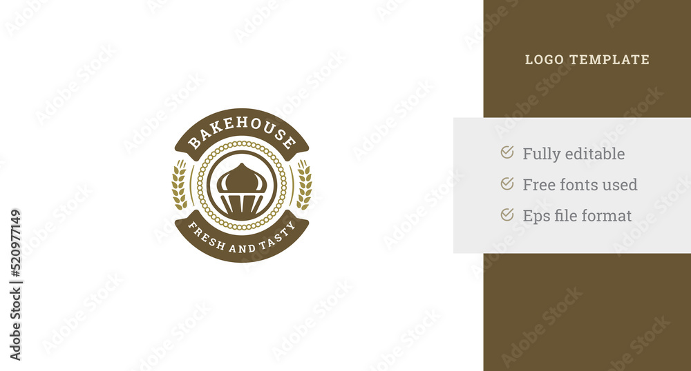 Fototapeta premium Vintage circle bakehouse logo template design creamy cupcake in ears of wheat frame vector