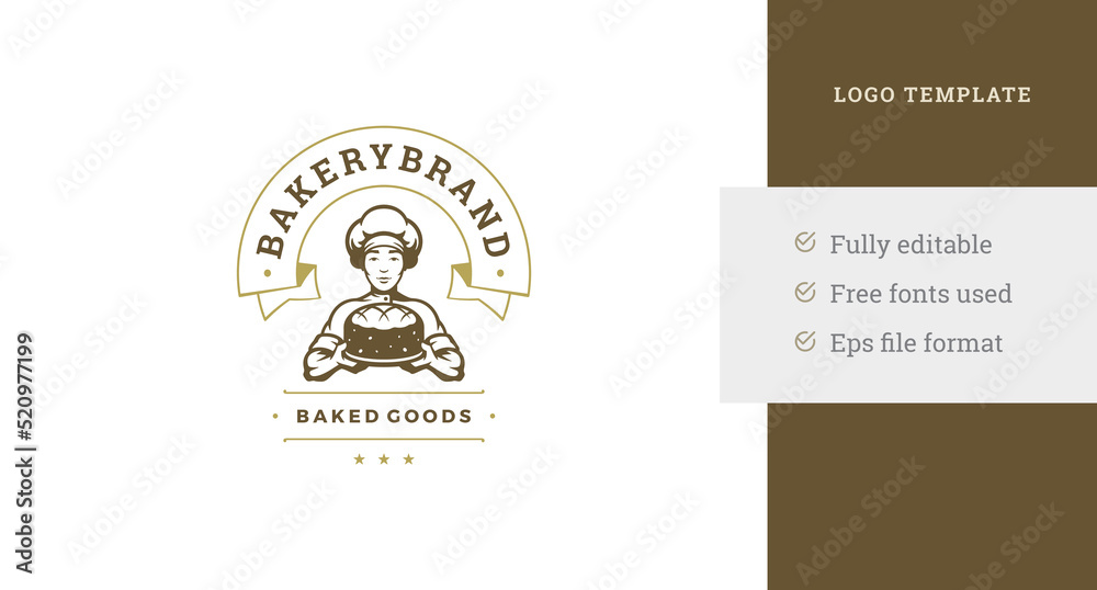 Male chef fresh cooked bread cake pastry pie vintage confectionery logo template design vector