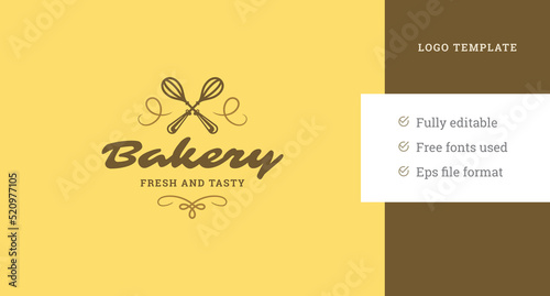 Monochrome crossed rolled whisks with vintage curved ornament logo template design vector illustration