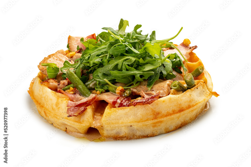 American Round Waffle. With bacon, chicken and arugula. On a white background, isolated. American Round Waffle. With bacon, chicken and arugula. On a white background, isolated.