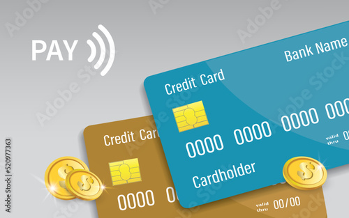 Two Credit Cards, styled gold dollar coins and the inscription PAY close-up on grey background. Vector icon illustration for advertising banner design.