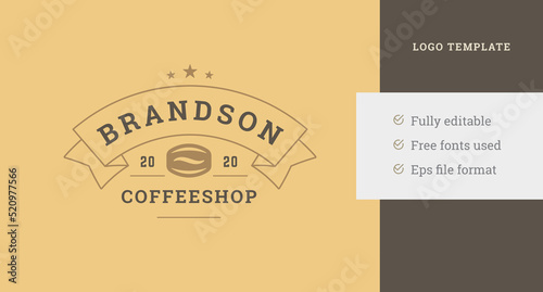 Premium vintage coffeeshop logo template design fresh roasted coffee bean with festive ribbon vector