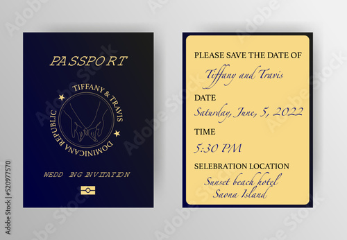 Passport wedding invitation gold background. Original design of wedding invitation. Invitation card design.