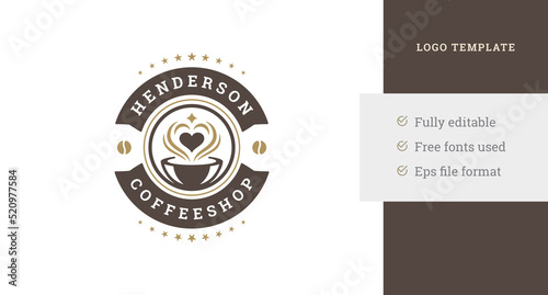 Premium coffeeshop vintage logo template design circle ribbon with coffee cup heart shape vector
