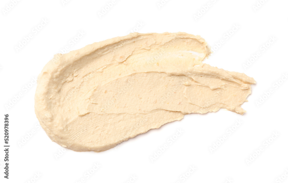 Smear of tasty hummus isolated on white, top view