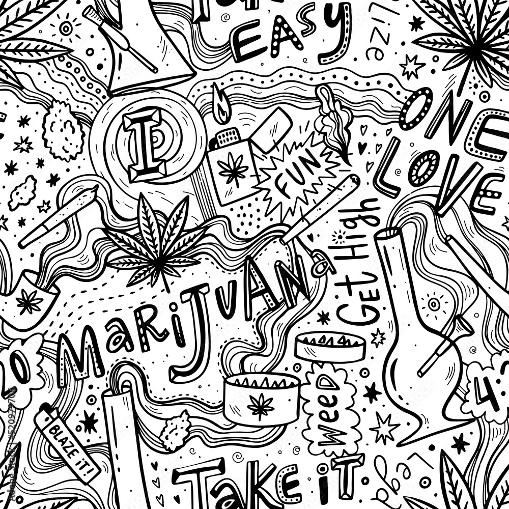 Hand drawn doodle seamless vector pattern with cannabis equipment and weed quotes. 