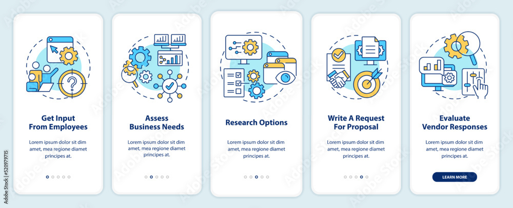 Choosing right CMS onboarding mobile app screen. Assess business needs walkthrough 5 steps editable graphic instructions with linear concepts. UI, UX, GUI template. Myriad Pro-Bold, Regular fonts used