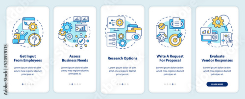 Choosing right CMS onboarding mobile app screen. Assess business needs walkthrough 5 steps editable graphic instructions with linear concepts. UI, UX, GUI template. Myriad Pro-Bold, Regular fonts used