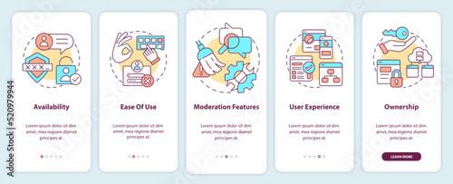 Aspects of comment system onboarding mobile app screen. Availability walkthrough 5 steps editable graphic instructions with linear concepts. UI, UX, GUI template. Myriad Pro-Bold, Regular fonts used