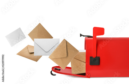 Envelopes flying out from red letter box on white background