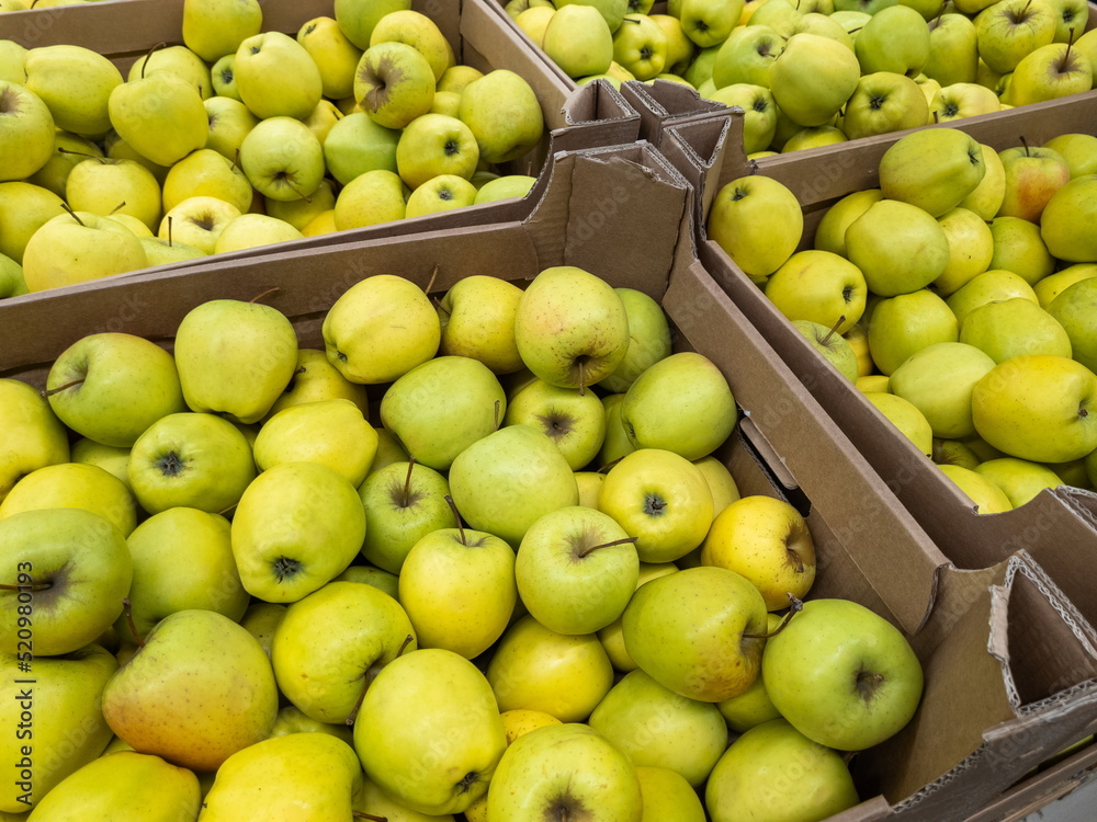 Ripe yellow-green apples in cardboard boxes are sold at the farmer's market. Ripe yellow-green apples in cardboard boxes are sold at the farmer's market.