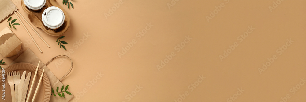 Eco friendly products on beige background, flat lay with space for text ...