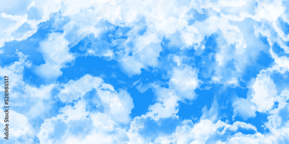 blue sky with clouds and sun reflection. Panorama of blue sky and White cloud nature background. Storm heaven panorama. Wide gloomy backdrop.><