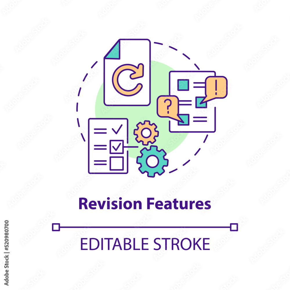 Revision features concept icon. Key CMS characteristic abstract idea thin line illustration. Media items. Draft editing. Isolated outline drawing. Editable stroke. Arial, Myriad Pro-Bold fonts used Revision features concept icon. Key CMS characteristic abstract idea thin line illustration. Media items. Draft editing. Isolated outline drawing. Editable stroke. Arial, Myriad Pro-Bold fonts used