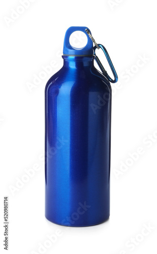 Stylish metal water bottle with carabiner isolated on white. Cycling accessory