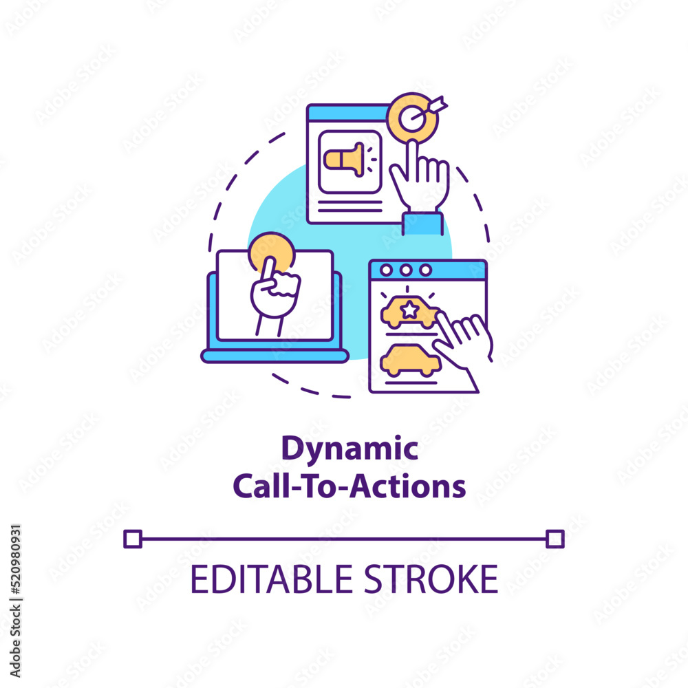 Dynamic call-to-actions concept icon. Example of dynamic content abstract idea thin line illustration. User experiences. Isolated outline drawing. Editable stroke. Arial, Myriad Pro-Bold fonts used