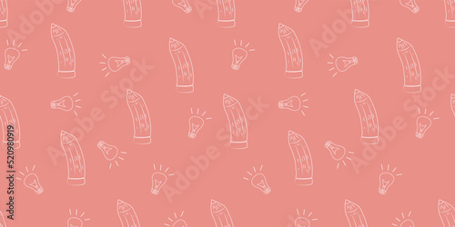 Cute outline illustration with pencils and bulbs on pink background. Seamless pattern with pencils and lightbulbs.
