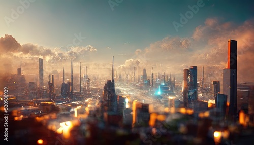 Abstract futuristic future city  beautiful sunset. Urban modern landscape. High-rise buildings. Unreal world. 3D illustration.