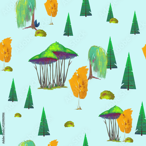 seamless pattern with fantastic bright trees.Colorful landscape in animation style.Cartoon trees and bushes in the landscape for paper textile wallpaper.To decorate children s rooms and holidays.