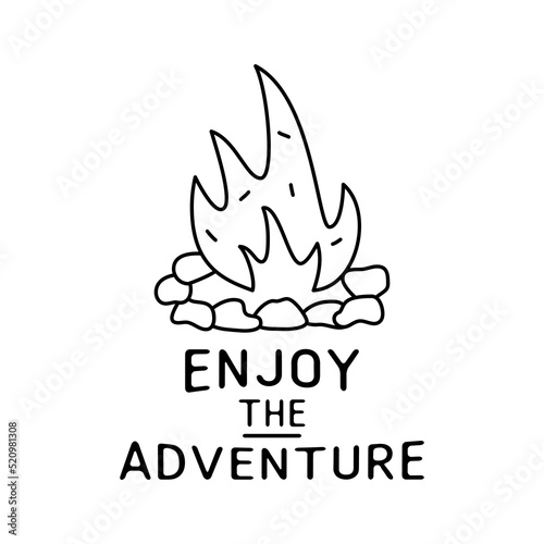 Minimalist linear illustration with burning bonfire and text on white background