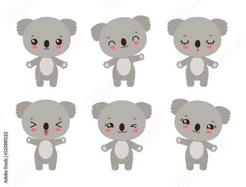 Cartoon koala kawaii style emoji. Baby koala character set various emotions. Kawaii animal facial expressions - calm, happy, laughing, smiling, waving, winking. Cute koala bear character chibi style.