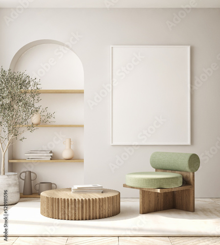 mock up poster frame in modern interior background  living room  Scandinavian style  3D render  3D illustration