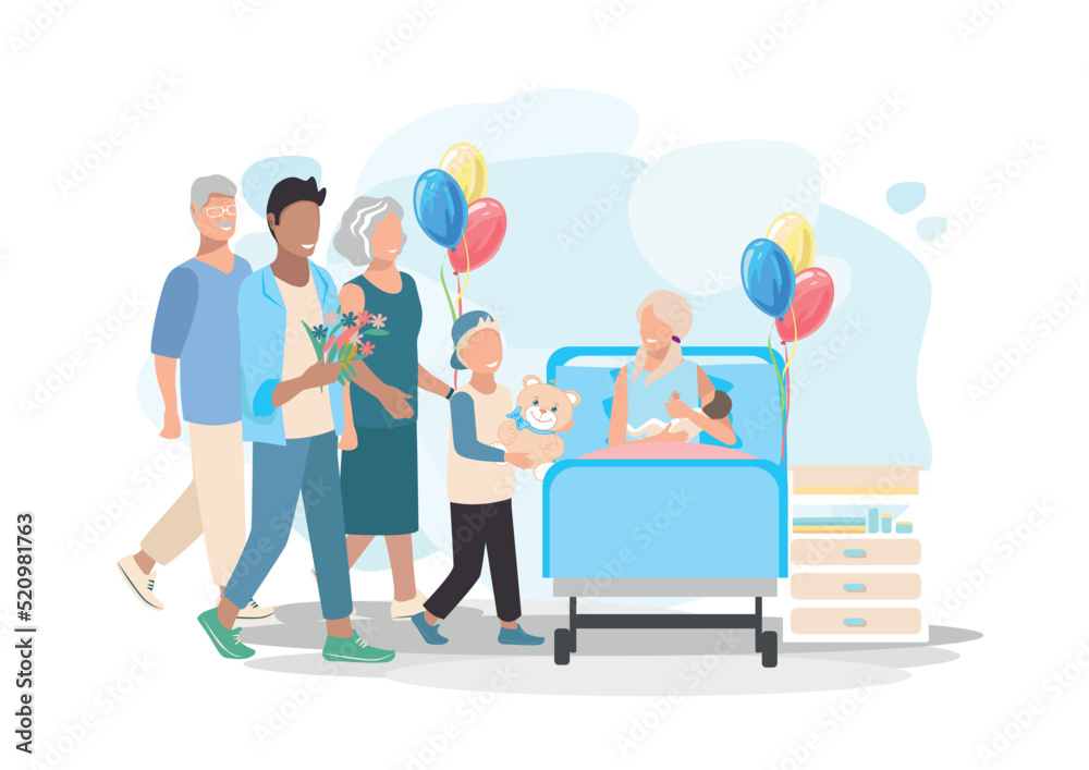 Obraz premium A happy big family came to the maternity hospital to congratulate the mother on the newborn baby. Joy and happiness of motherhood. Vector illustration in a flat style.