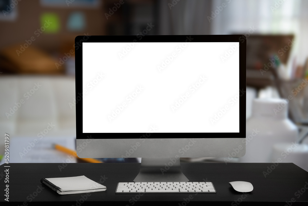 Empty desktop computer in minimal office room with decoration and copy space. Empty desktop computer in minimal office room with decoration and copy space.