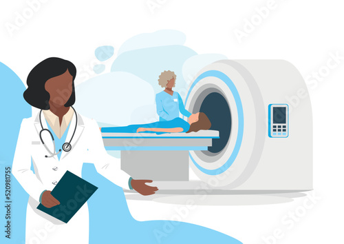 Vector illustration of a patient undergoing MRI diagnostics in a medical center. Magnetic resonance imaging. Modern medical technologies.