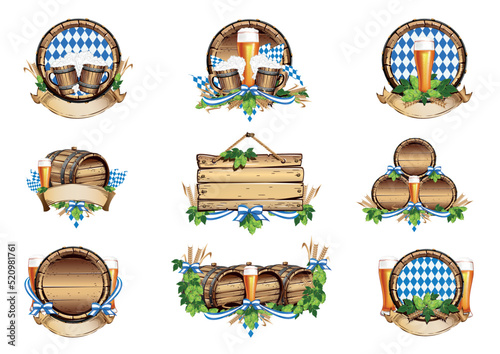 Set of old beer barrel, glass, wooden goblet, wooden signboard for beer festival celebration. Oktoberfest. Decorations for menu, advertising, flyer or poster. Vector illustration.