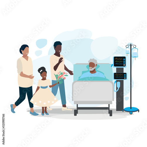 Children and granddaughter visit their elderly dad in the hospital. Patient and visitors. Joy and positive from meeting close friends. Vector illustration in a flat style.