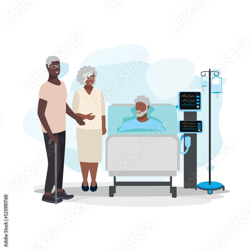 An elderly couple visits their elderly friend in the hospital. Patient and visitors. Joy and positive from meeting close friends. Vector illustration in a flat style.