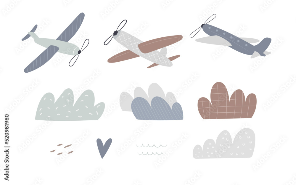 A set of hand-drawn design elements. Planes, clouds
