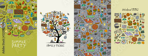 Summer weekend outdoor, family picnic on nature. Art concept tree, frame and pattern background. Set of banners in one style hand drawn for your design. Vector illustration