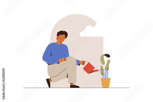 Young man watering a potted flower. Teenage boy takes care of a houseplant. Vector illustration